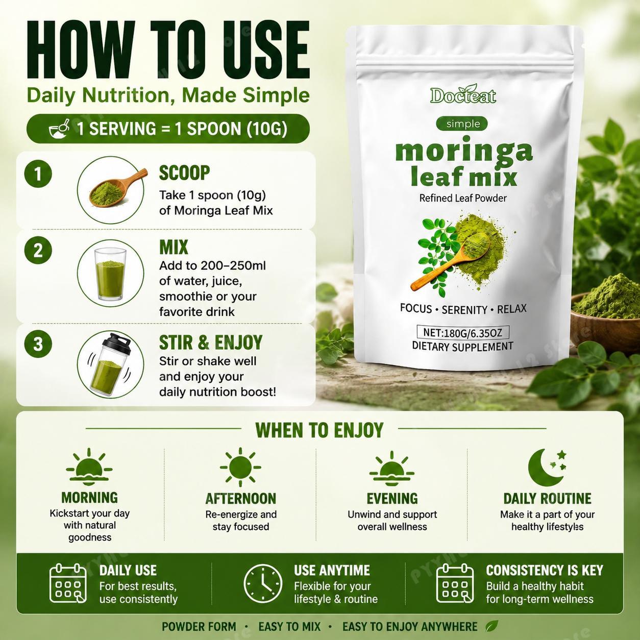 Moringa Leaf Powder - ドクテート モリンガ葉ミックスパウダー カルシウムと鉄配合 骨構造のニーズと鉄分摂取バランスのために ヴィーガン グルテンフリー