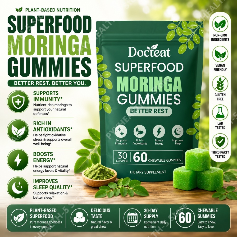 Moringa Leaf Powder - ドクテート モリンガグミ（ビタミンB12、D3、C、マグネシウム、鉄配合）、30回分、60個入りチュアブルグミ、服用が簡単、人工添加物不使用。